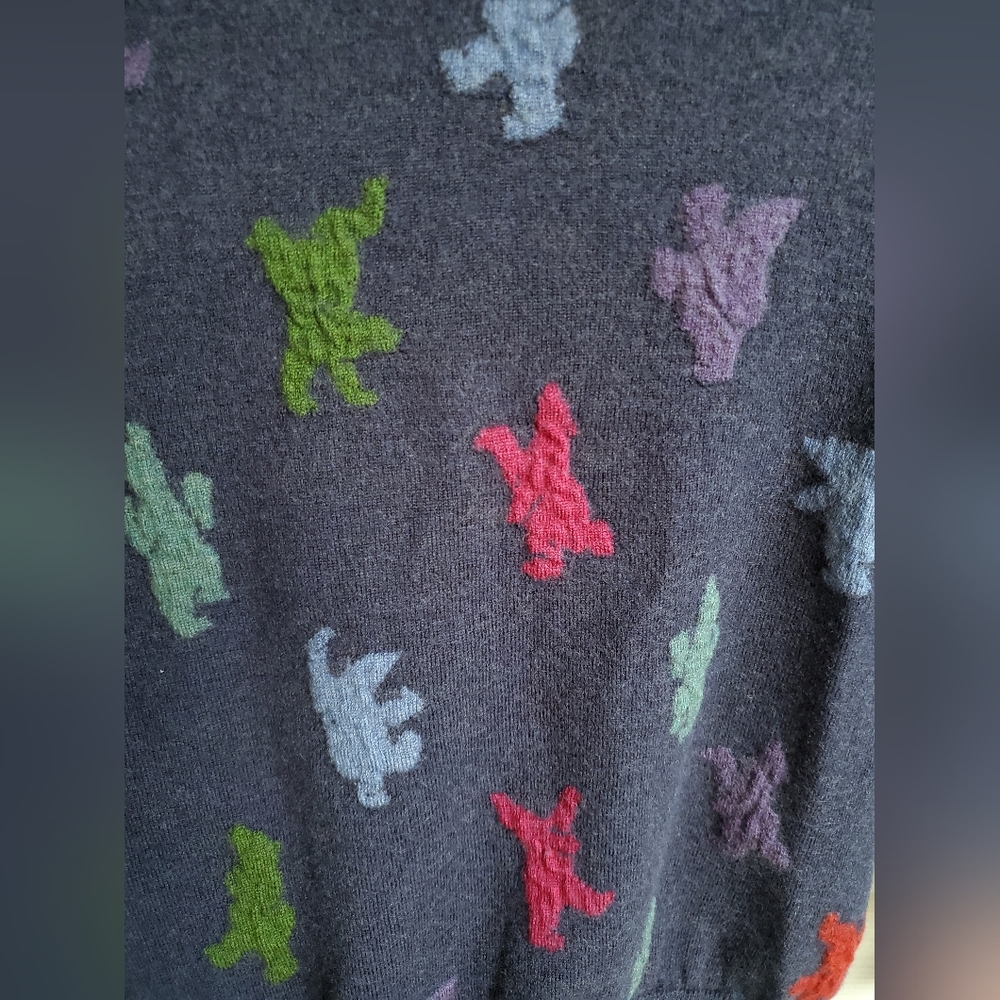 Bosco Fresh 100% Wool Multicolored Graphic Dino Pattern Navy Crewneck Sweater - Picture 4 of 14